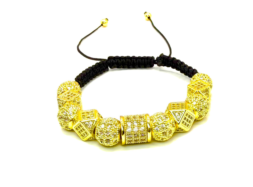 Pulsera de lujo para hombre y mujer con corona dorada, cuentas brillantes estilo diamante, ajustable de macramé negro, joyería elegante para regalo