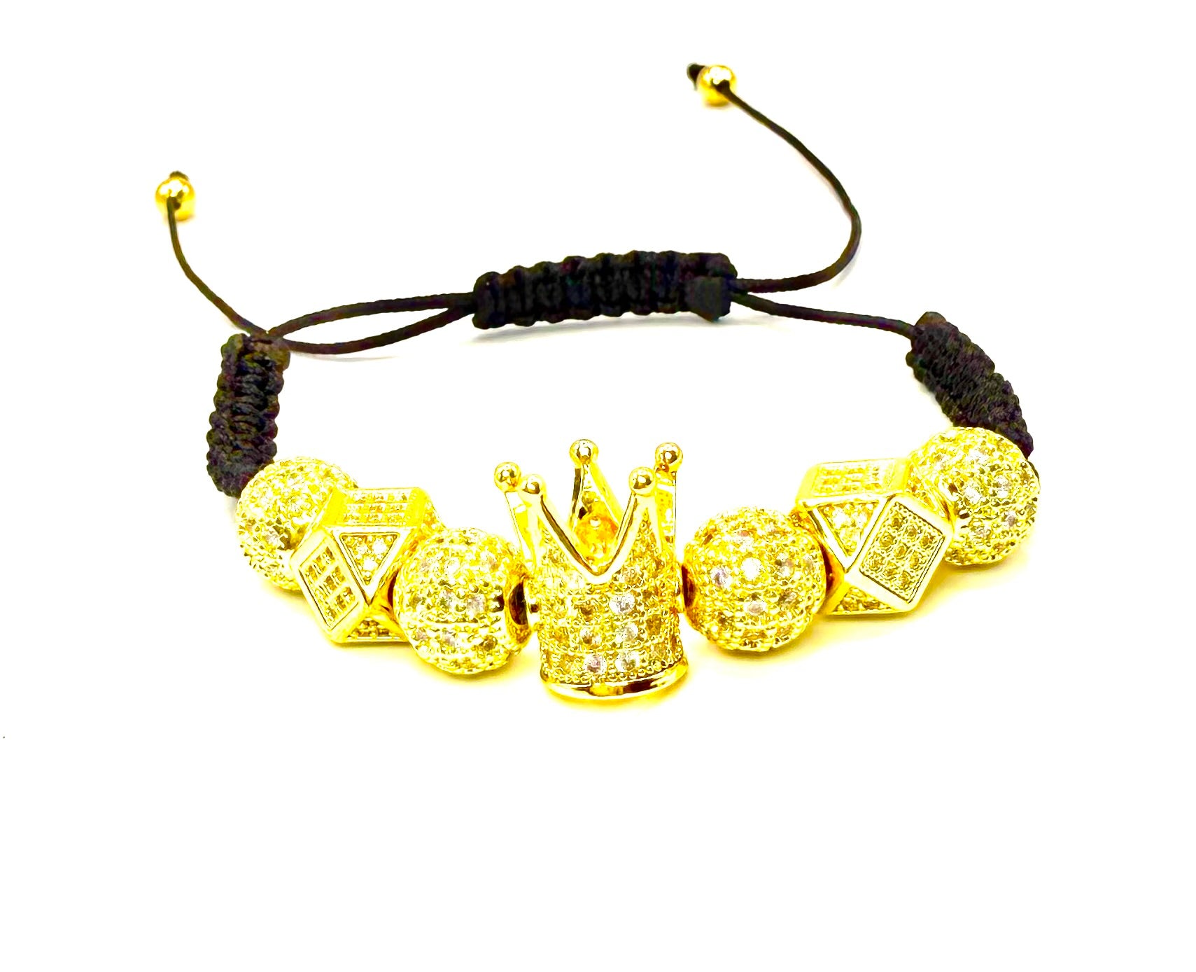 Pulsera de lujo para hombre y mujer con corona dorada, cuentas brillantes estilo diamante, ajustable de macramé negro, joyería elegante para regalo
