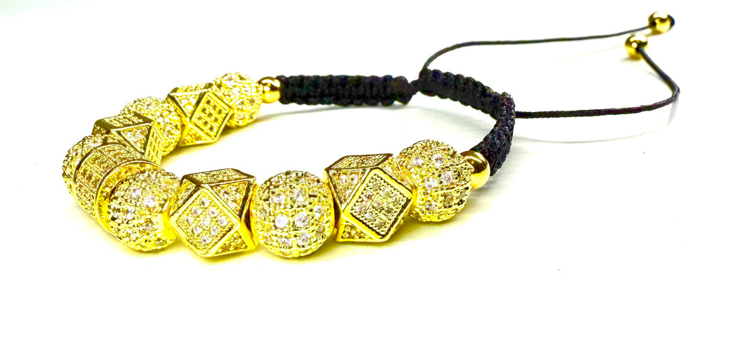 Pulsera de lujo para hombre y mujer con corona dorada, cuentas brillantes estilo diamante, ajustable de macramé negro, joyería elegante para regalo