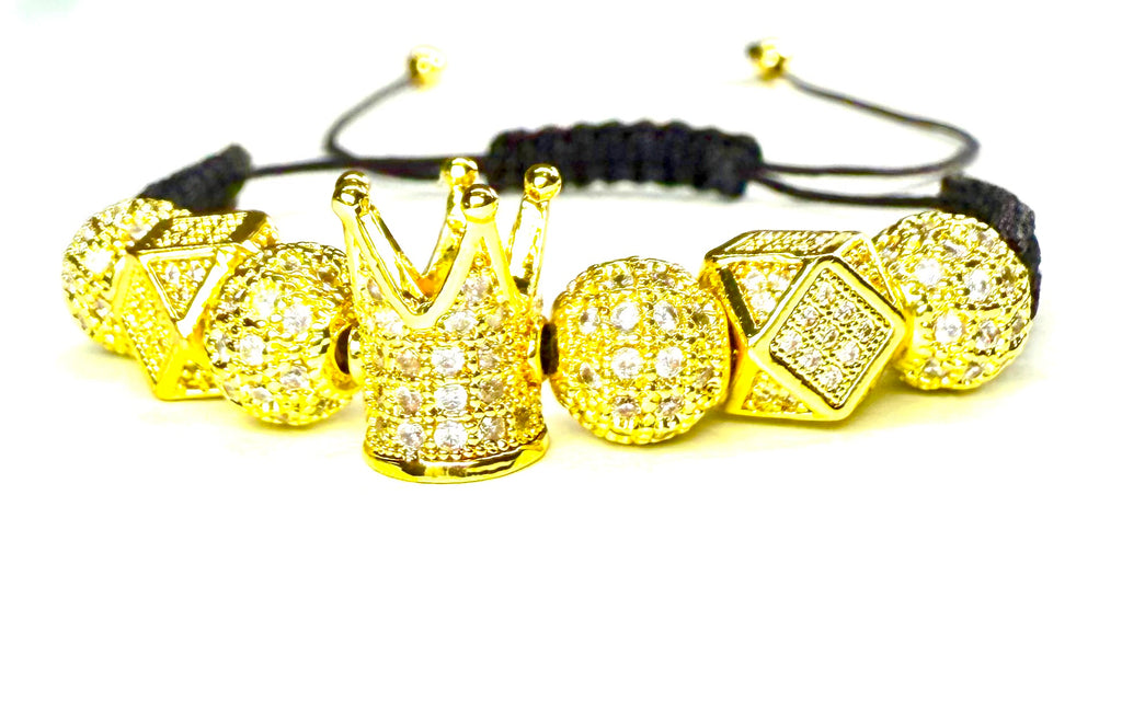 Pulsera de lujo para hombre y mujer con corona dorada, cuentas brillantes estilo diamante, ajustable de macramé negro, joyería elegante para regalo