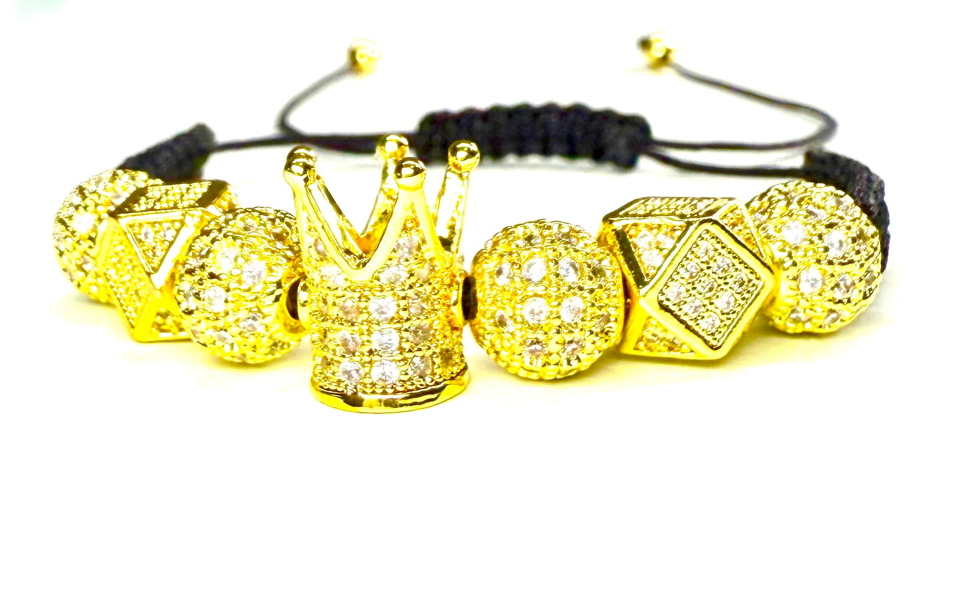 Pulsera de lujo para hombre y mujer con corona dorada, cuentas brillantes estilo diamante, ajustable de macramé negro, joyería elegante para regalo