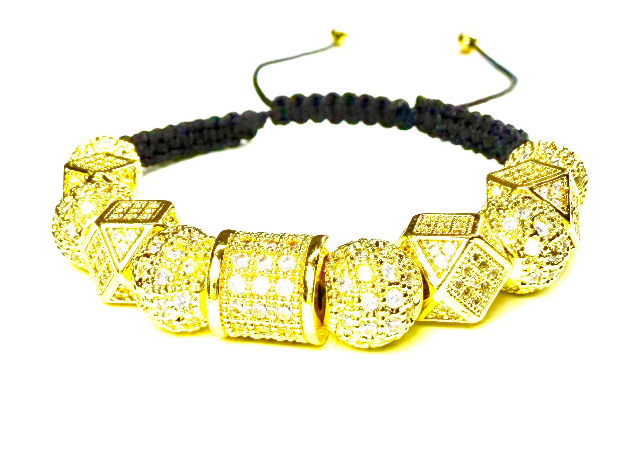 Pulsera de lujo para hombre y mujer con corona dorada, cuentas brillantes estilo diamante, ajustable de macramé negro, joyería elegante para regalo