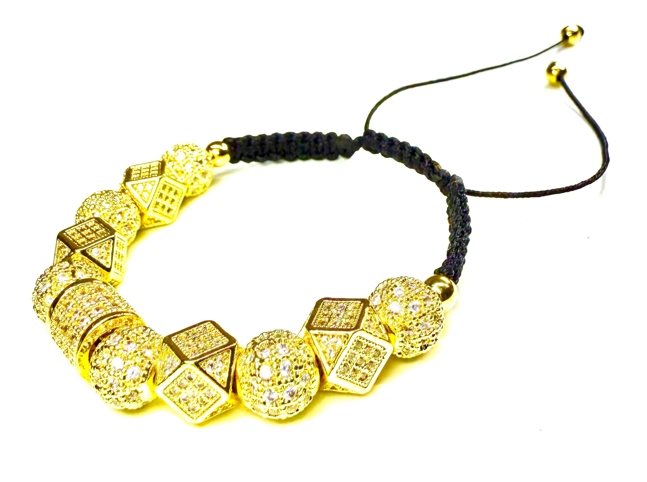 Pulsera de lujo para hombre y mujer con corona dorada, cuentas brillantes estilo diamante, ajustable de macramé negro, joyería elegante para regalo