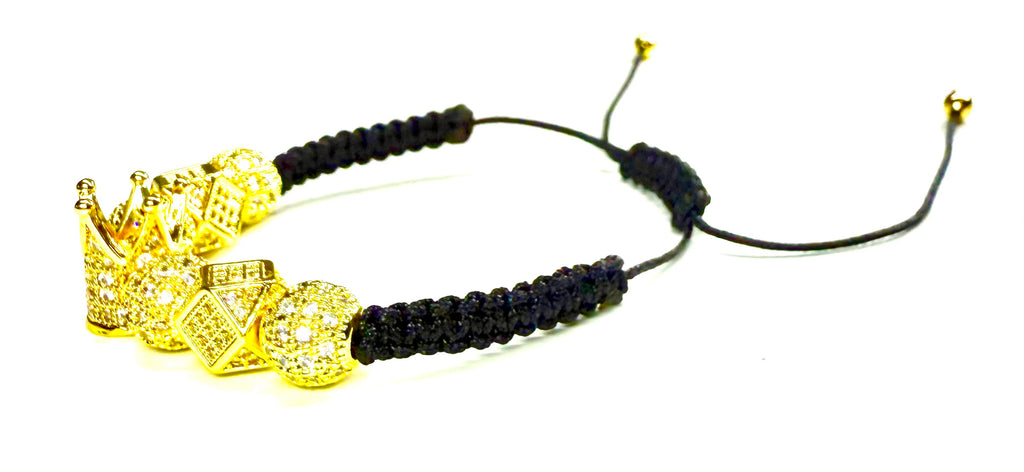 Pulsera de lujo para hombre y mujer con corona dorada, cuentas brillantes estilo diamante, ajustable de macramé negro, joyería elegante para regalo