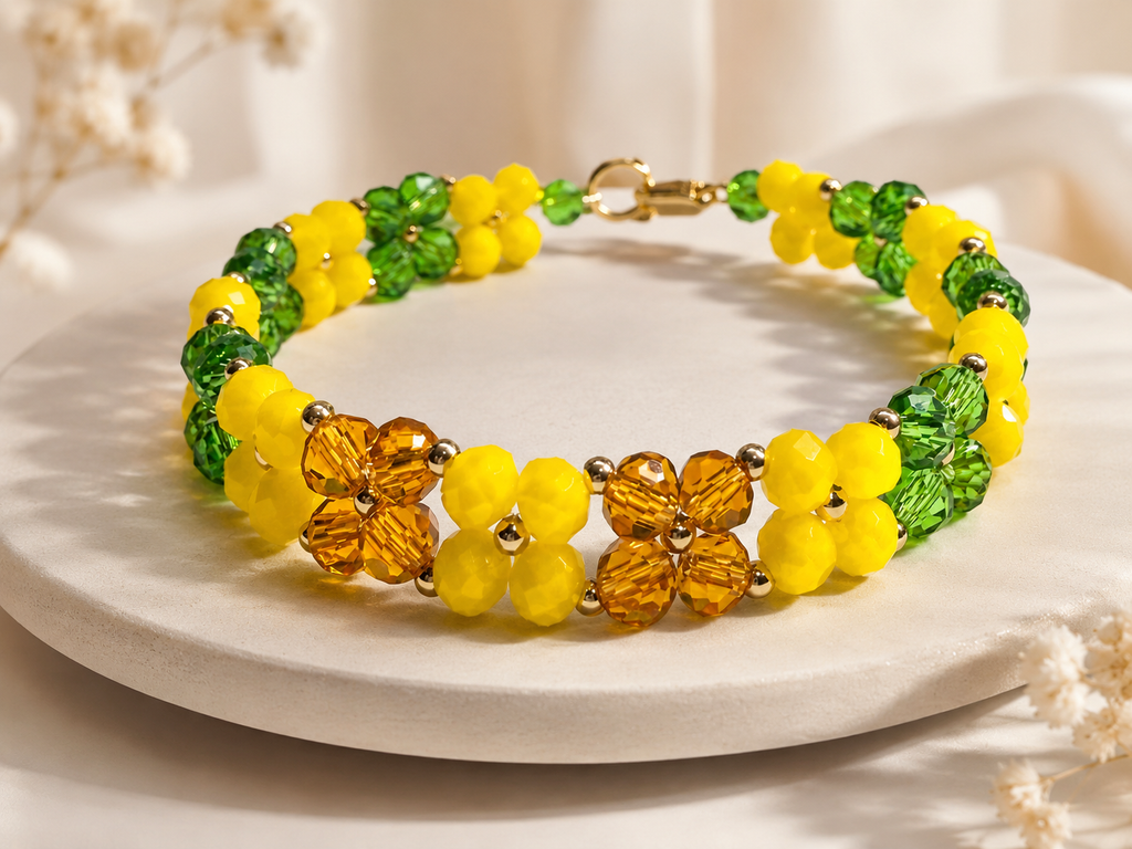 Ilde de Flores de orula con Oshun //Pulsera Artesanal de Cristal Verde, Amarillo y Ámbar | Hecha a Mano